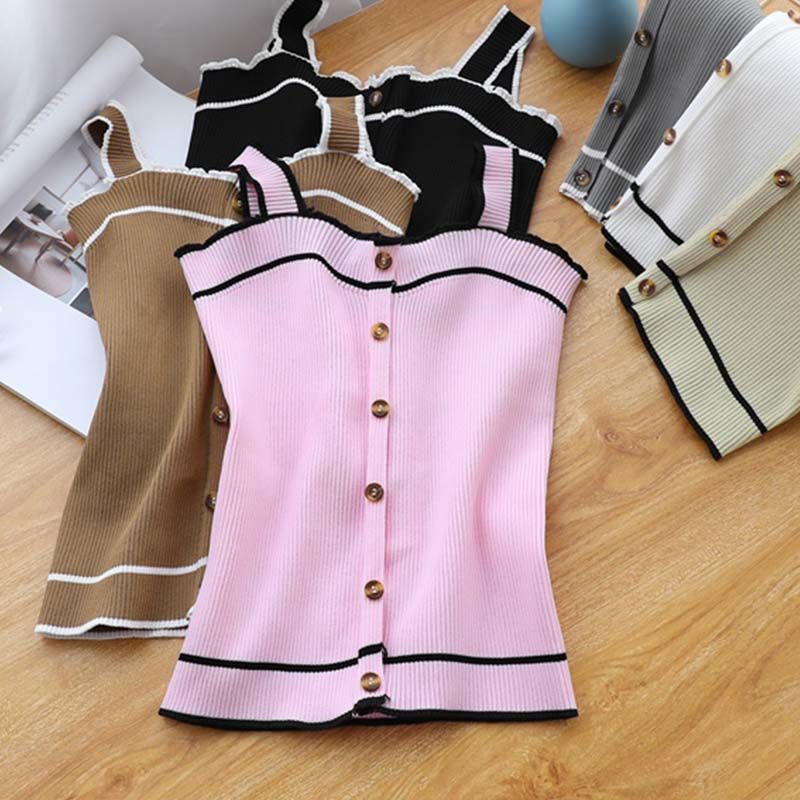 Street Fashion Youtube - ใหม่ถักถังปุ่มด้านบน Crop Tops ผู้หญิงเซ็กซี่ฤดูร้อน Camis Backless