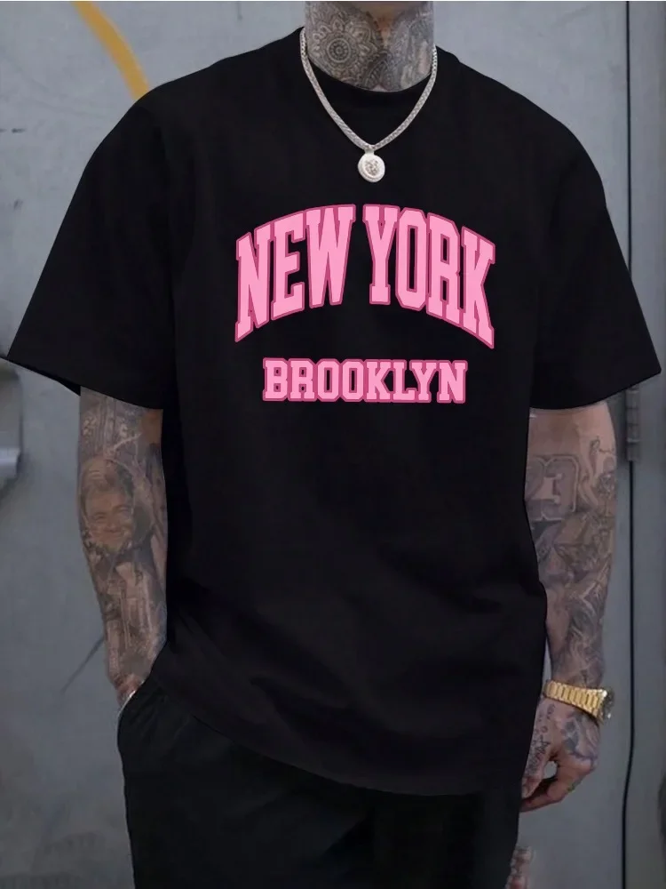 Street Fashion In New York - เสื้อยืดแขนสั้นผู้ชายผ้าฝ้ายลายพิมพ์ตัวอักษร New York Brooklyn สไตล์วินเทจ คอกลม