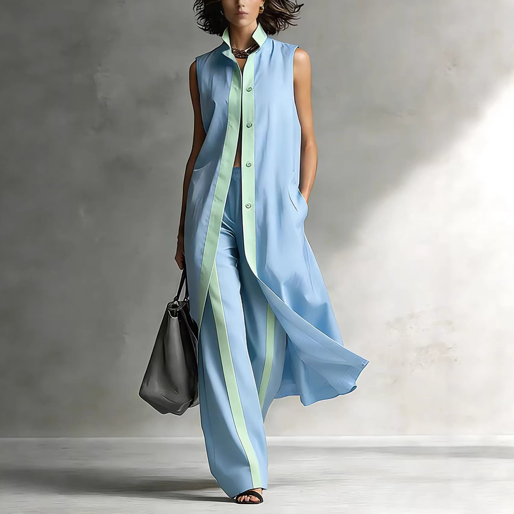 Street Fashion Vest - 2026 ฤดูใบไม้ผลิฤดูร้อนใหม่ผู้หญิงสีบล็อกหลวมแฟชั่นดีไซน์เสื้อกั๊กลำลองชุดกางเกงขายาวสีฟ้า