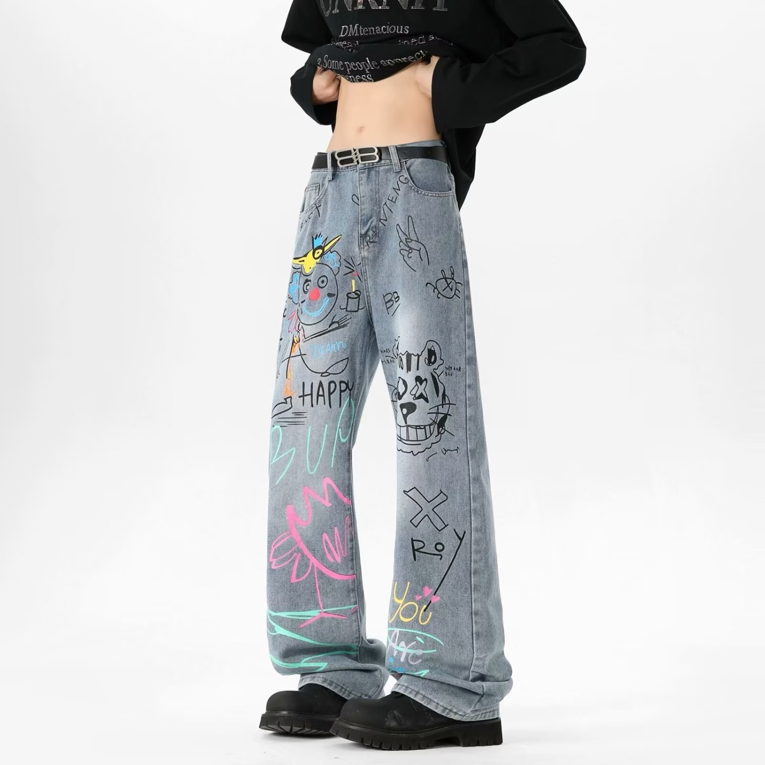 Street Fashion Graffiti - กางเกงยีนส์ทรงตรงสไตล์อเมริกัน ลายกราฟฟิตี แนววินเทจ ทรงหลวม ไซส์ใหญ่ แฟชั่นผู้ชาย