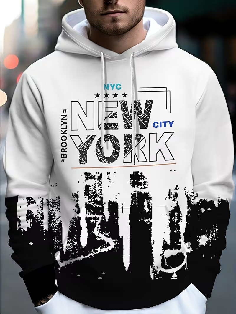 Street Style New York Fashion - เสื้อฮู้ดดี้ผู้ชายลายพิมพ์ตัวอักษร NEW YORK สีขาวดำ แฟชั่นสไตล์ฮิปฮอป สตรีท