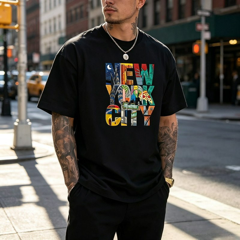 Street Style New York Fashion - NEW YORK CITY เสื้อยืดกราฟิกสำหรับผู้ชายสีสันสดใส NYC Street