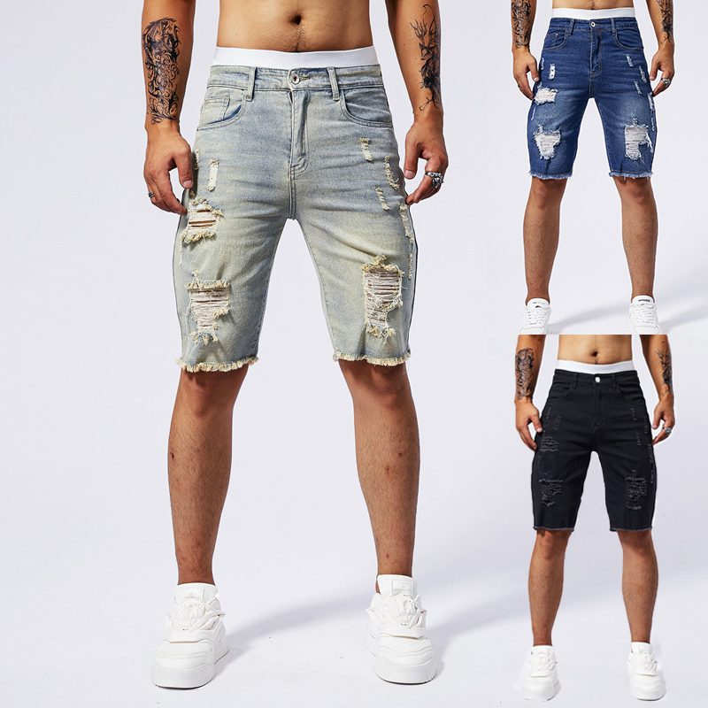 Street Fashion Brand - 2025 ฤดูร้อนใหม่ผู้ชาย Ripped กางเกงยีนส์กางเกงขาสั้นแฟชั่น Vintage Hole