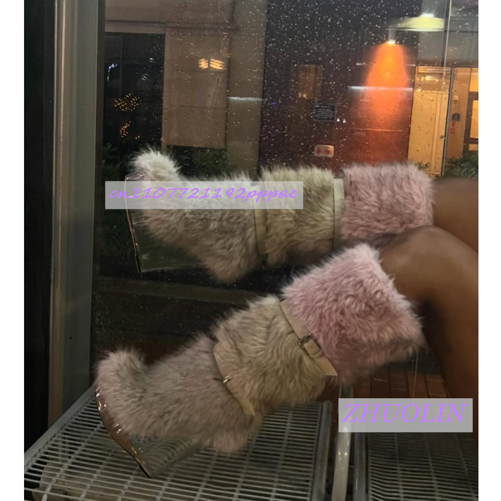 Street Fashion Trends - รองเท้าบูทส้นเตารีดแบบโปร่งใสแต่งขนเฟอร์ลายไล่สีฤดูหนาวสำหรับผู้หญิง รองเท้าบูทหิมะแบบมีสายคาดหัวเข็มขัดหวานๆ แฟชั่นทันสมัยสไตล์พังก์ รองเท้าบูทสูงถึงเข่า ไซส์ 43