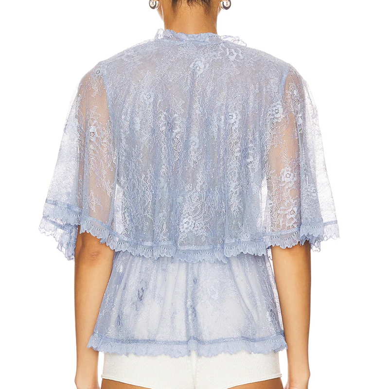 Mesh Top Layering - เสื้อคลุมซีทรูลูกไม้ลายดอกไม้สำหรับผู้หญิง ดีไซน์หรูหรา แต่งระบายหลายชั้น ผูกโบว์ด้านหน้า แขนสั้น สไตล์