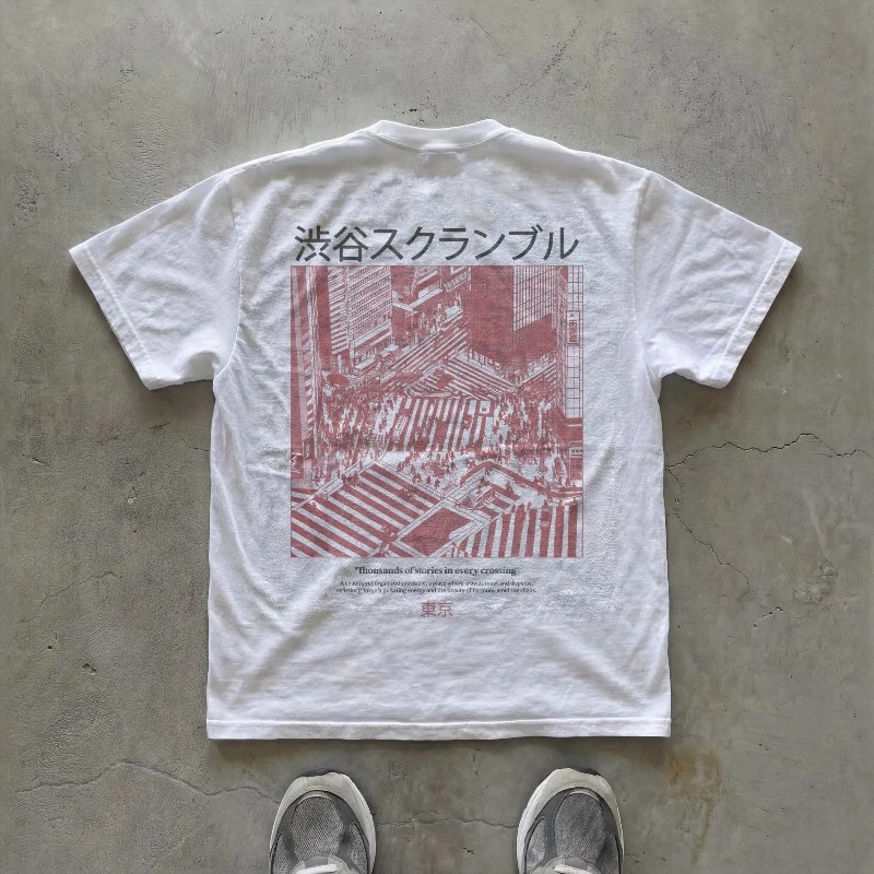Street Fashion Shibuya - เสื้อยืดลายทางแยกชิบุยะ | เสื้อยืดผู้ชายสไตล์ญี่ปุ่นแนวสตรีทแฟชั่นลำลองสำหรับฤดูร้อน รุ่นใหม่ ใส่ได้ทั้งชายและหญิง