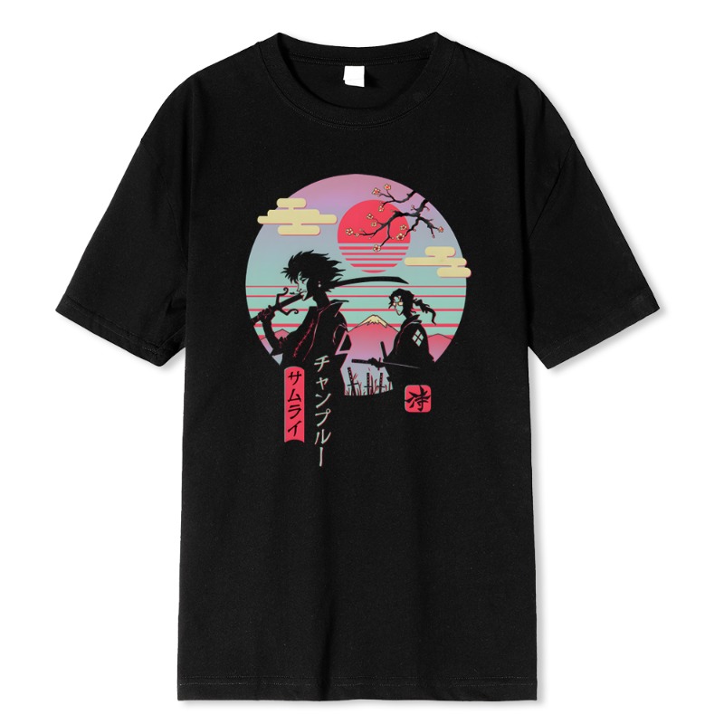 Street Fashion Style Male - เสื้อยืดพิมพ์ลายซามูไรญี่ปุ่น 2 คนเดินกลับบ้าน สไตล์ฮิปฮอป แฟชั่นสตรีท สำหรับผู้ชาย
