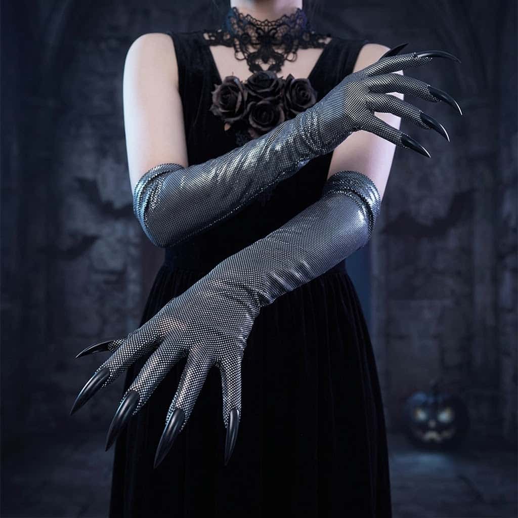 Street Fashion Gloves - 2026 ถุงมือยาวสไตล์กอธิค Y2K ลายกรงเล็บผีสีขาว พร้อมเล็บแหลมยาวพิเศษ อุปกรณ์เสริมสำหรับคอสเพลย์ฮาโลวีน