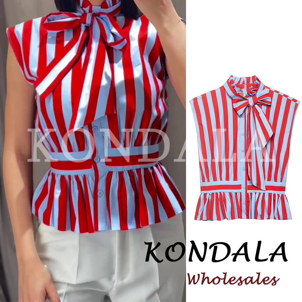 Street Fashion Vest - KONDALA ลายทางเก๋ไก๋ Y2K เสื้อผู้หญิงฤดูร้อนสตรีทแวร์เสื้อกั๊กทรงตรงแฟชั่นลำลอง 2026 ไฮสตรีทโบว์หญิงเสื้อหรูหรา