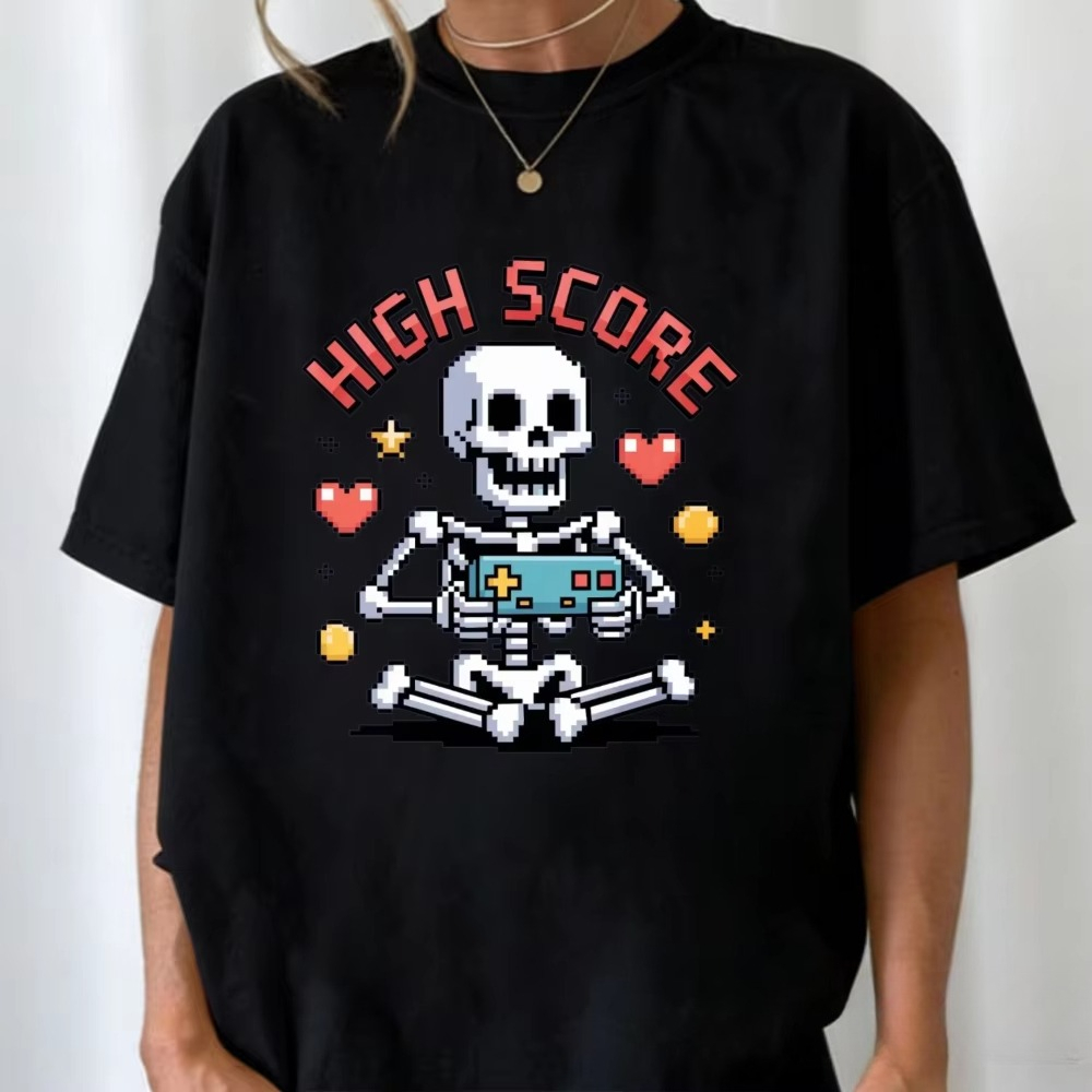 Street Fashion Videos - เสื้อยืดลายโครงกระดูกพิกเซล High Score สไตล์เรโทรสำหรับเกมเมอร์ เล่นวิดีโอเกม เสื้อผ้าสตรีทแวร์สำหรับผู้ชายและผู้หญิง
