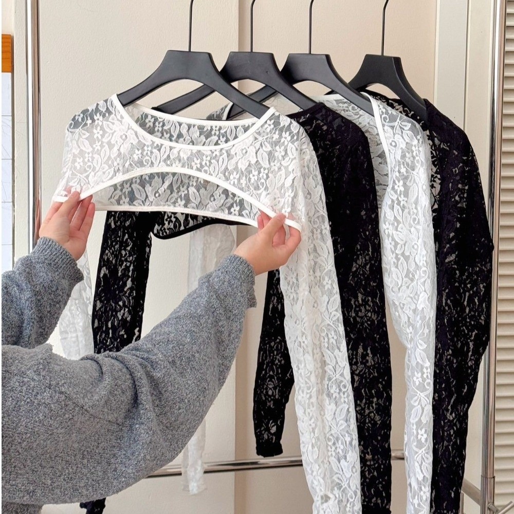 Mesh Top Layering - เสื้อแขนยาวลูกไม้สีพื้นมีสไตล์ เสื้อซีทรูยืดหยุ่นระบายอากาศได้ดี เสื้อครอปตาข่ายป้องกันแสงแดดทรงเข้ารูป