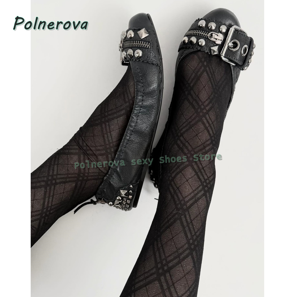 Street Fashion Women - รองเท้าส้นเตี้ยแบบมีซิปประดับตกแต่ง รุ่น Mary Jane หัวแหลม พร้อมหัวเข็มขัดแบบ