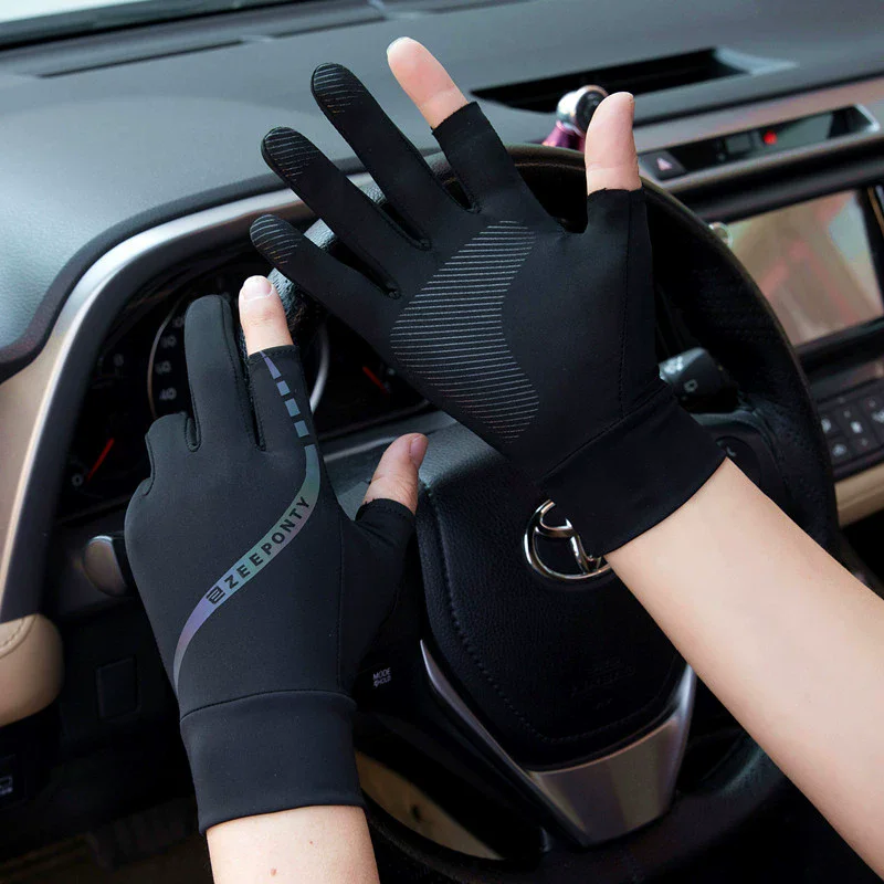 Street Fashion Gloves - ผู้ชายฤดูร้อนผ้าไหมน้ําแข็งขี่จักรยานถุงมือครีมกันแดดบางขับรถหน้าจอสัมผัสครึ่งนิ้วถุงมือตกปลาการออกแบบสองนิ้ว