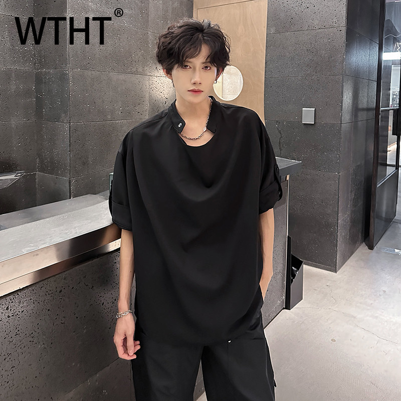 Street Fashion Taiwan - WTHT แฟชั่น 2026 เสื้อยืดผู้ชายสีพื้น ดีไซน์จับจีบแบบผูกเชือก ทรงหลวม