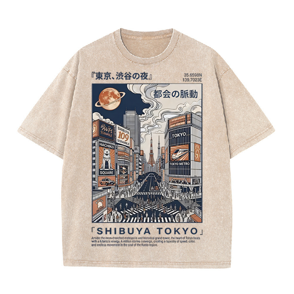 Street Fashion Shibuya - เสื้อยืดลายกราฟิกเมืองโตเกียวชิบูยา ปี 2026 สีเบจวินเทจ สไตล์ญี่ปุ่นย้อนยุค พิมพ์ลายทิวทัศน์เมือง