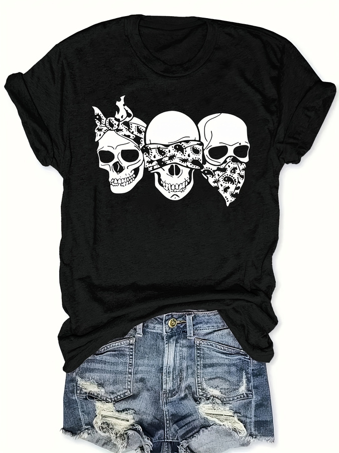 Street Fashion Style Male - เสื้อยืดลายการ์ตูนกะโหลกแฮปปี้ ทรงหลวม คอกลม แขนสั้น เสื้อแฟชั่นสำหรับผู้หญิง สไตล์สตรีทแวร์อินเทรนด์สำหรับแฟชั่น
