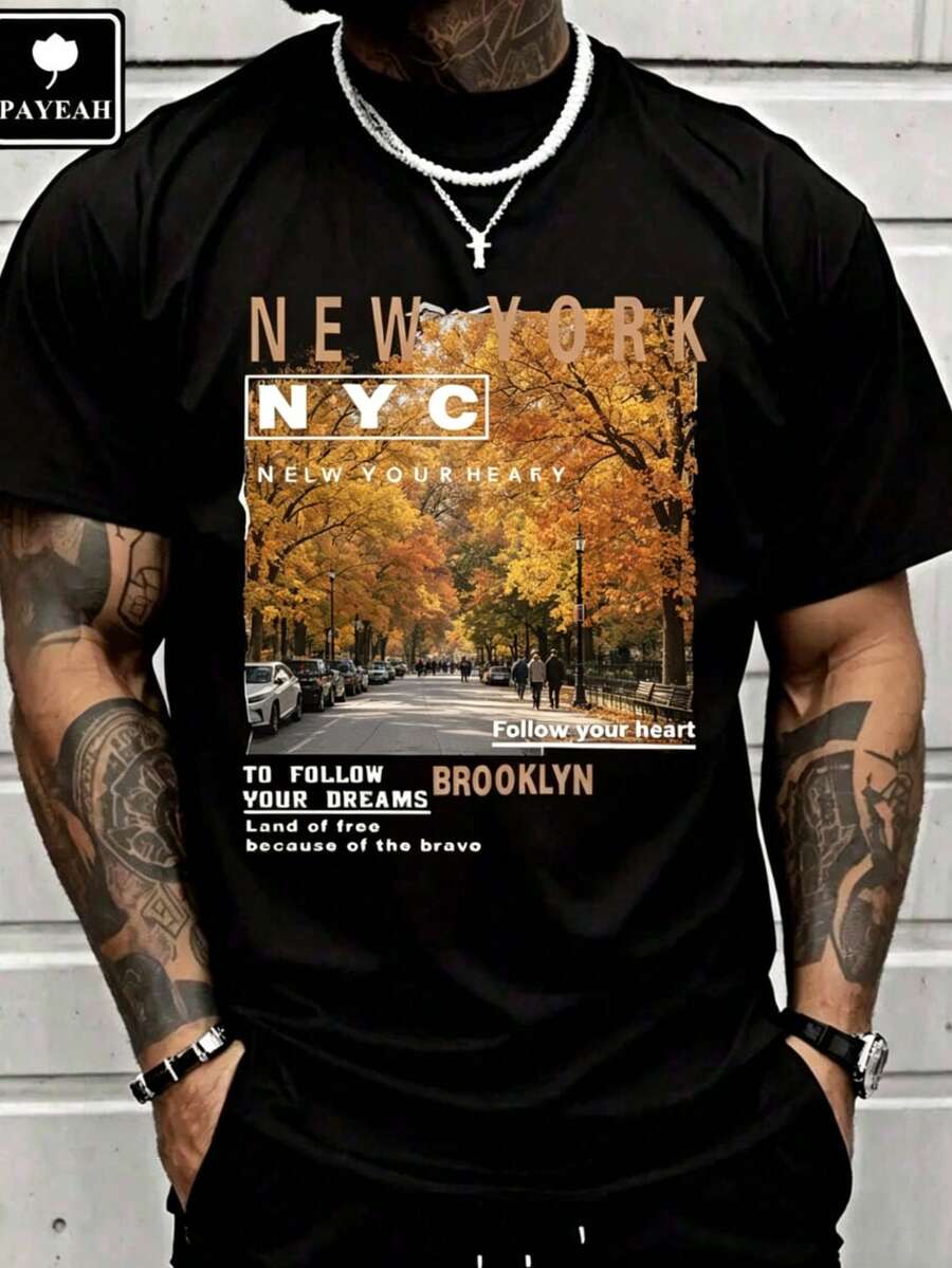 Street Fashion In New York - เสื้อผ้าลำลองสำหรับผู้ชาย, ภาพวิวถนนบรูคลิน นิวยอร์ก, เสื้อยืดแฟชั่น, เสื้อยืดแขนสั้นพิมพ์ลายสำหรับผู้ชาย -