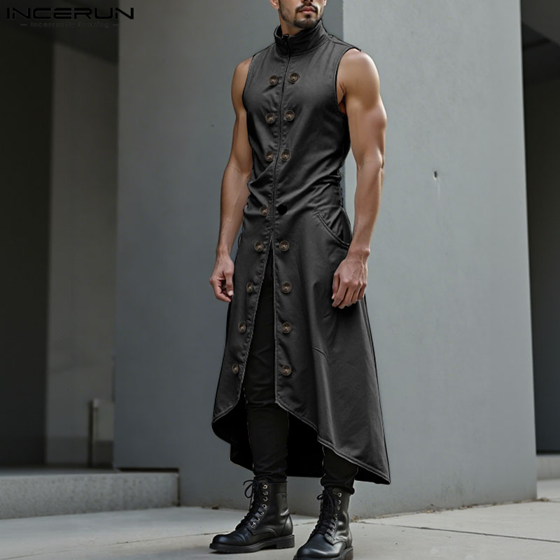 Street Fashion Style Male - INCERUN ผู้ชายสไตล์ยาวเสื้อสีทึบกระดุมสองแถวลำลองชายเสื้อฮู้ดสตรีทแขนกุดแฟชั่นเสื้อสเวตเตอร์ถักยาวผู้ชาย
