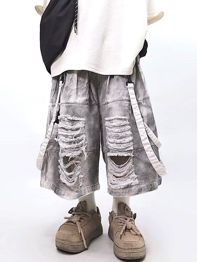 Street Fashion Style Male - กางเกงยีนส์ขาดสไตล์เรโทรฮิปฮอปสำหรับผู้ชาย แฟชั่นลำลองแบบอเมริกันสำหรับฤดูร้อน ทรงหลวม สไตล์สตรีท ล้างสีแบบวินเทจ แต่งผ้าปะติด