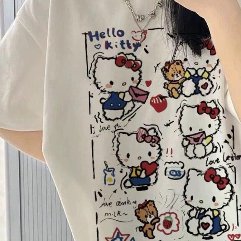 Street Fashion Women - เสื้อยืดแขนสั้นลายกราฟฟิตี้เฮลโล คิตตี้สำหรับผู้หญิง ผ้าฝ้าย Y2K ลายการ์ตูนน่ารัก แฟชั่นสตรีทสุดฮิต