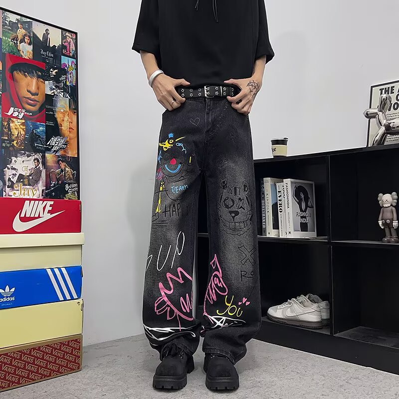 กางเกงยีนส์ทรงตรงสไตล์อเมริกัน - Street Fashion Graffiti บทวิจารณ์และราคา