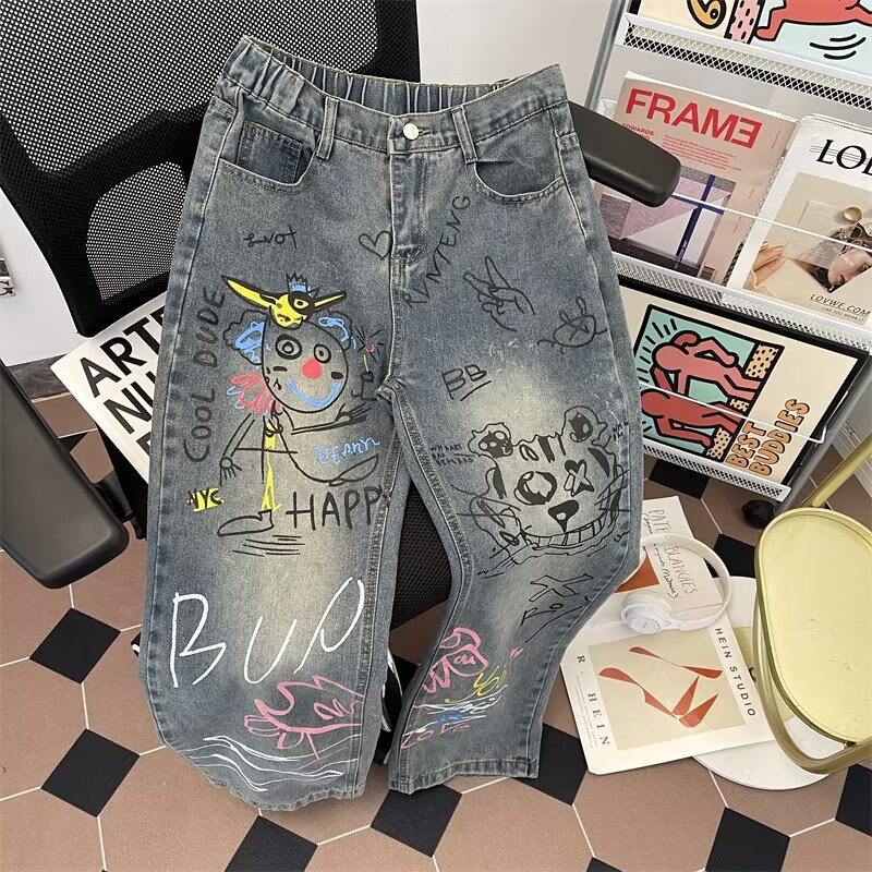 กางเกงยีนส์ทรงตรงสไตล์อเมริกัน - Street Fashion Graffiti บทวิจารณ์และราคา
