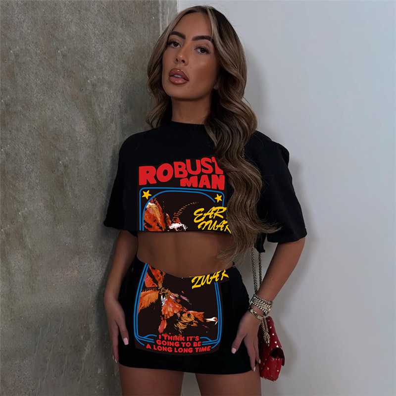 ชุดเซ็ตสองชิ้นเสื้อยืดครอปพิมพ - Street Fashion Graffiti บทวิจารณ์และราคา