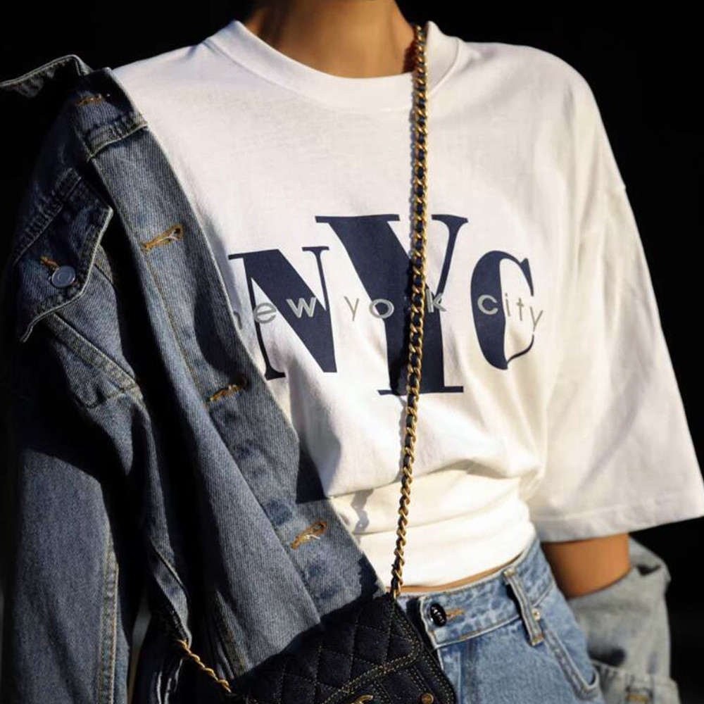 เสื้อยืดพิมพ์ลายตัวอักษรเมืองน - Street Style New York Fashion บทวิจารณ์และราคา