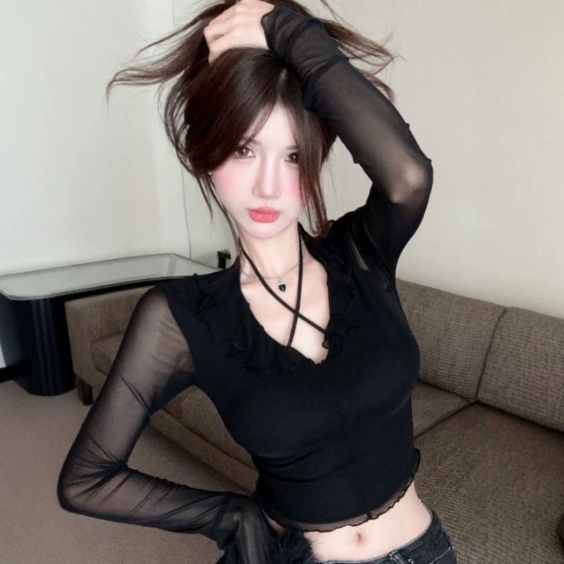 เสื้อครอปคอวีผู้หญิง แขนระบาย  - Mesh Top Layering บทวิจารณ์และราคา
